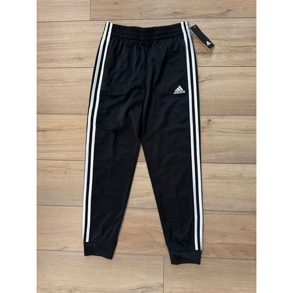 adidas Iconic Black 3 White Stripe 2 Pocket Jogger Pants Boys Medium 10 12 NWT - Picture 2 of 2